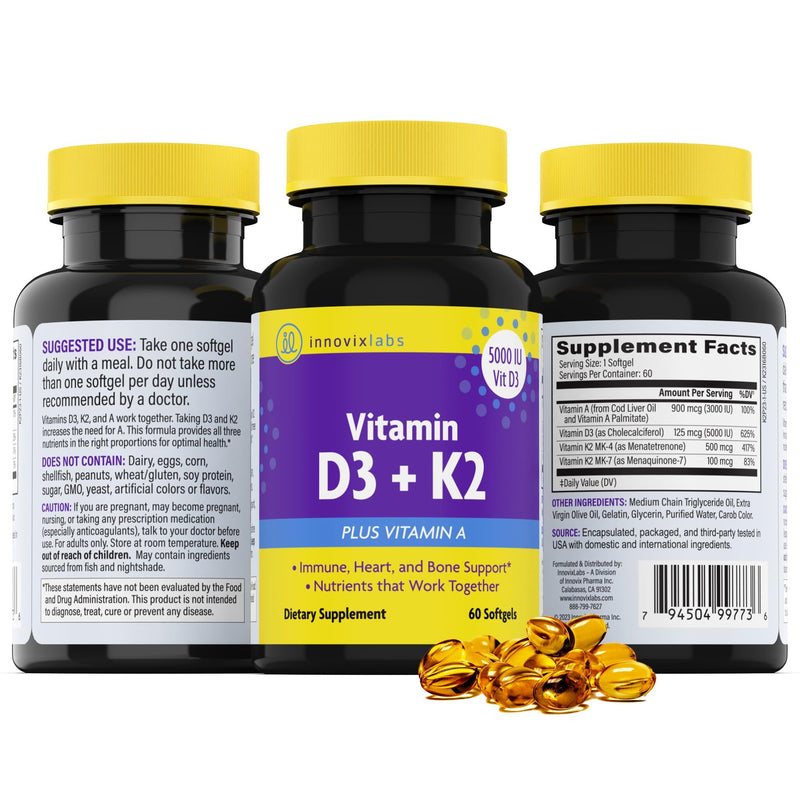 [Australia] - InnovixLabs Vitamin D3 K2-5000 IU Vitamin D3 Plus 600 mcg Vitamin K2 MK4 and MK7 for Max Calcium Absorption, Supports Bone, Immune, Heart Health, 3rd Party Tested, Gluten Free, 60 Softgels 