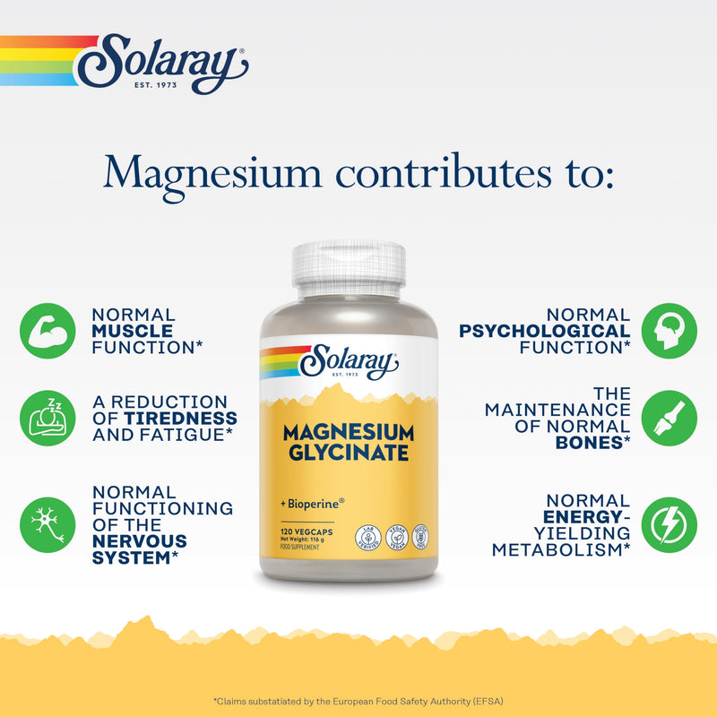 Solaray Magnesium Glycinate Chelated - 120 Vegan Capsules - 350mg Elemental Magnesium - Gentle on Stomach - Supports Energy, Muscle Function, Relaxation & Reduces Fatigue - Lab Verified