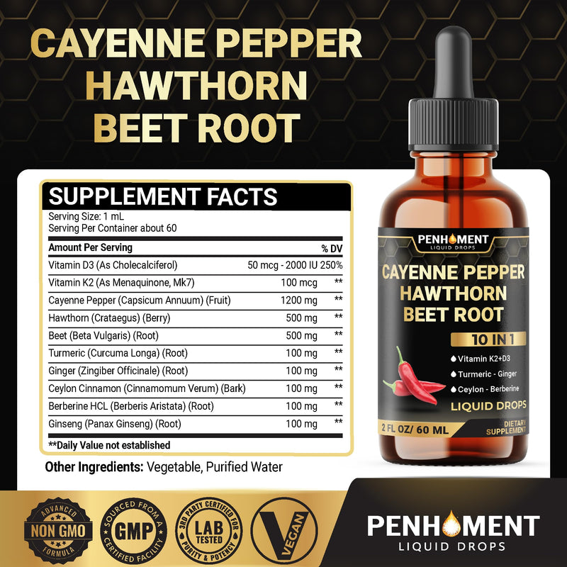 [Australia] - 10in1 Cayenne Pepper Liquid Drops + Hawthorn Berry, Vitamin D3 K2, Beet Root, Turmeric, Ginger and More - Digestion Support - 2 Fl Oz - 2 Months Supply 2 Fl Oz (Pack of 1) 