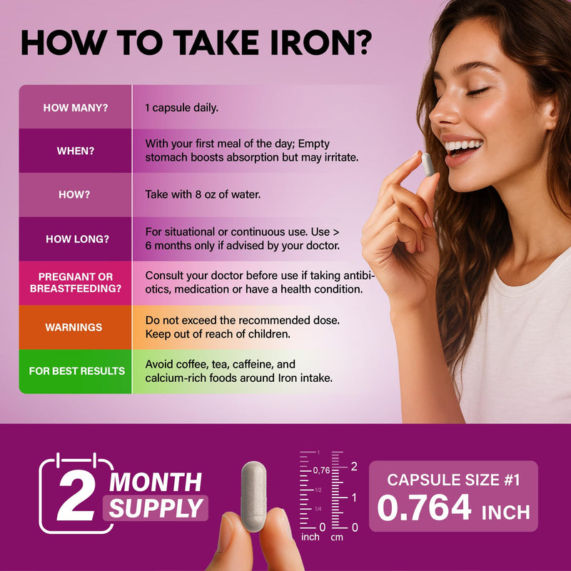 Iron Supplement for Women - Iron 65mg (Ferrous Sulfate 325mg) - 60 Caps | Iron Level & Energy Support - Vitamins C, D3, B6, B12 & Folate - Stomach Friendly, Slow Release, Bioavailable - 60-Day Supply 60 Count (Pack of 1)