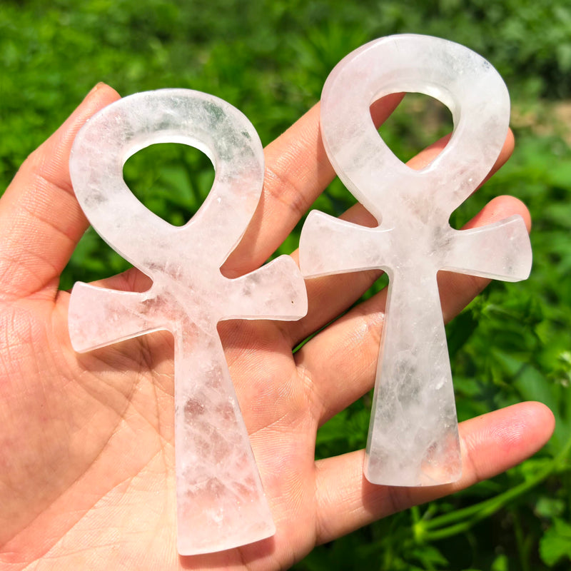 4" Cross Crystal Worry Stones Natural Clear Crystal Ankh Cross Carved Rose Quartz ，Aventurine Crystal Skull Reiki Healing 1pc (Clear Crystal)