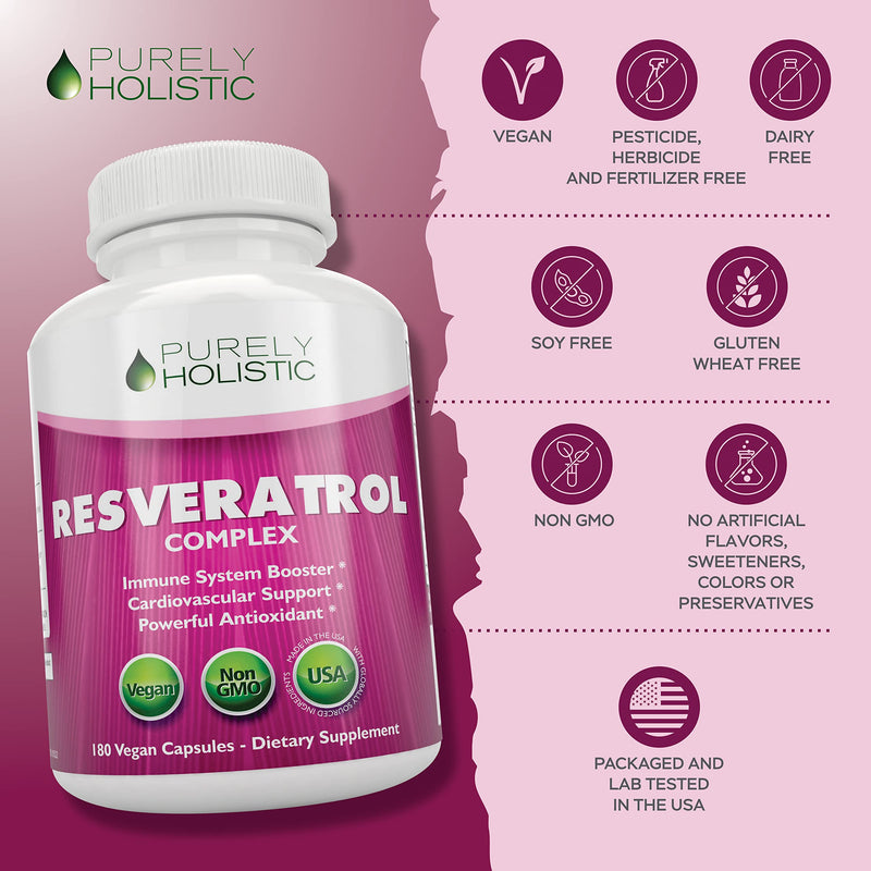 [Australia] - Purely Holistic Resveratrol 1450mg, 90 Servings, Trans-Resveratrol Antioxidant Supplement with Vitamin C and Polyphenol Complex, 180 Vegan Capsules, Promotes Anti Aging & Cardiovascular Health 