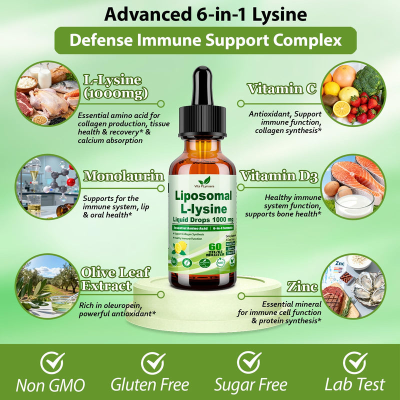 L-Lysine 1000mg Liquid Drops w. Monolaurin Olive Leaf Extract Vitamin C D3 & Zinc, 6-in-1 Essential Amino Acid Supplement for Immune Collagen Lip & Oral Health, Liposomal Lysine for Better Absorption Lemon 2 Fl Oz (Pack of 1)