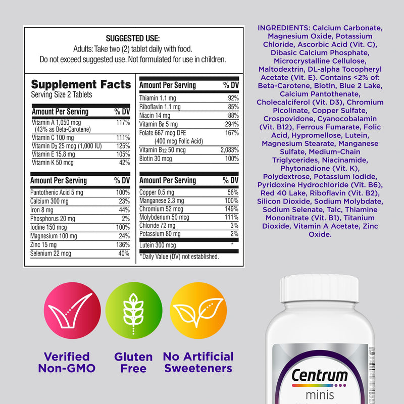 Centrum Minis Silver Women's Multivitamin, Women 50 and Over, 280 Tablets | Contains Vitamin D3, B Vitamins, Calcium, and Antioxidants, Non-GMO Ingredients, Supports Memory and Cognition, GLP-1 Support Unflavored 280 Count (Pack of 1)