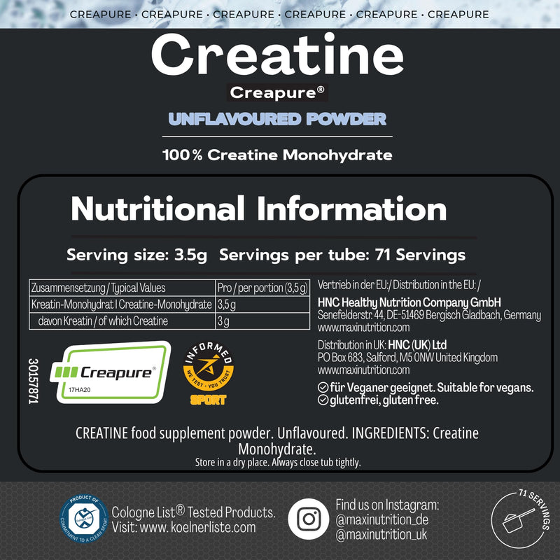 MaxiNutrition 100 Percent Creatine monohydrate, (Creapure) 250g, high dose and Pure creatine Powder for Maximum Performance During Your Training, Unflavoured unflavoured creapure 250 g (1er Pack)