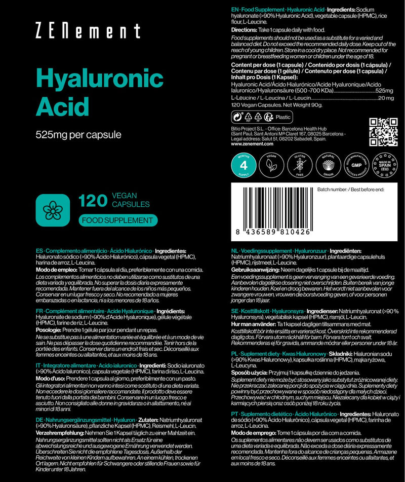 Hyaluronic Acid Supplement 525mg per capsule (500-700 KDA) | 120 Vegan Hyaluronic Acid Capsules, 4 Month Supply | Natural Skin, Hair & Joint Supplement for Women & Men | Superior Absorption | Zenement