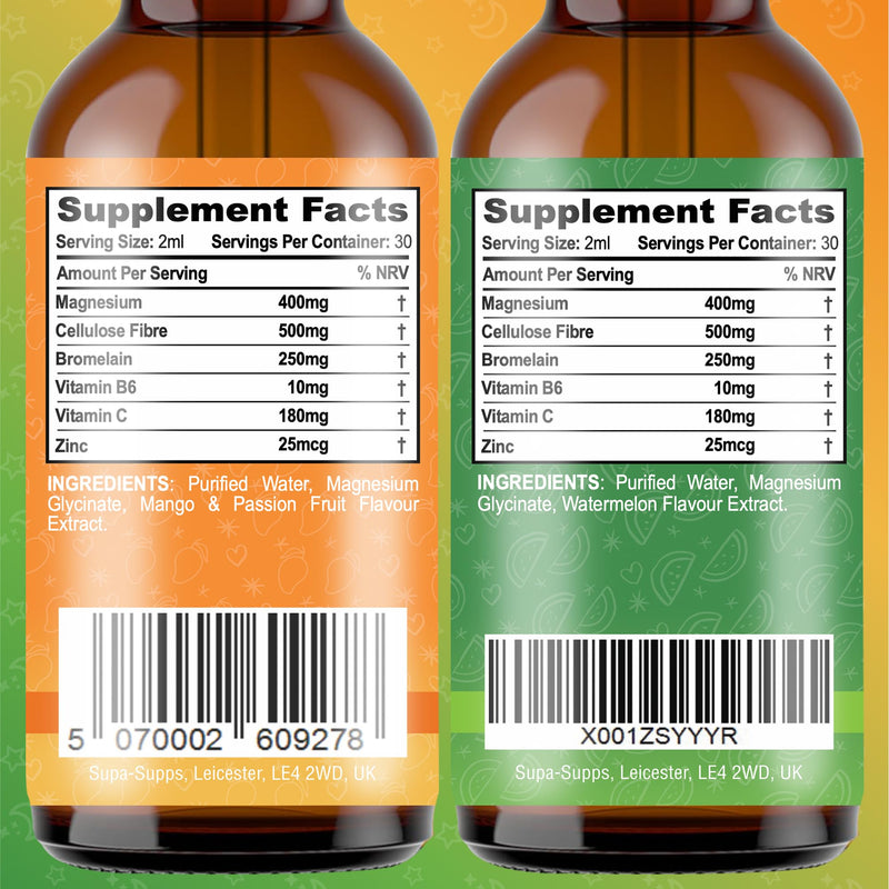 Magnesium Glycinate 120ml- Watermelon + Mango & Passion Fruit Flavour | Supa Supps Magnesium Glycinate 3-in-1 Complex | Fast Absorption, Premium Pure Formula, Easy-to-Take Supplement for Daily Balance 60 ml (Pack of 2)