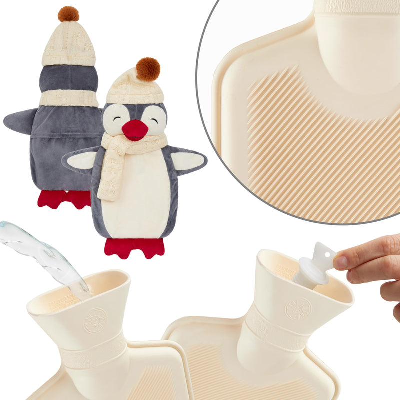 [Australia] - CityComfort Hot Water Bottle 1L with Animal Cover - Hot Water Bottle with Super Soft Plush Cover - Hot Water Bottle (Grey Penguin) Gray Penguin 