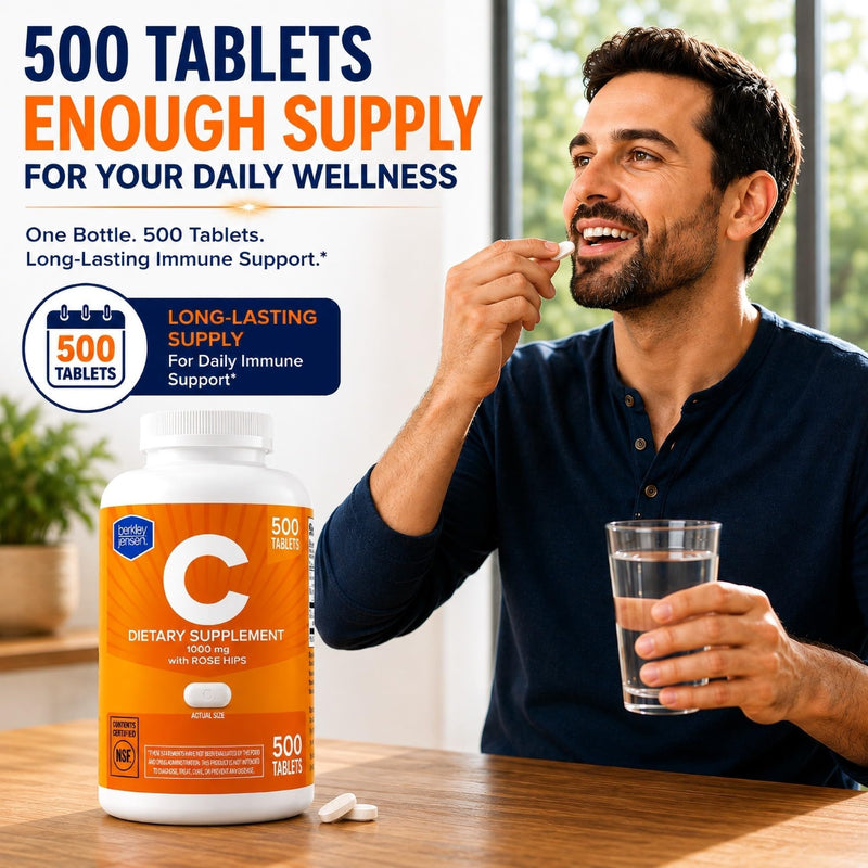 berkley jensen 1000mg Vitamin C Supplement with Rose Hips, 500 Tablets | Extra Strength Daily Vitamin C, Antioxidant & Immune Health Support, Men & Women, Ascorbic Acid, NSF Certified, Made in USA 500 Count (Pack of 1)