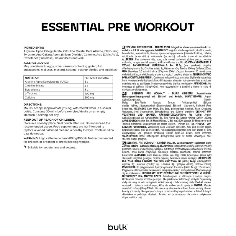 Bulk Essential Pre-Workout Powder, Energy Drink With Caffeine, Beta Alanine, Arginine (AAKG), Citrulline, Sour Raspberry, 375 g, 30 Servings, Packaging May Vary