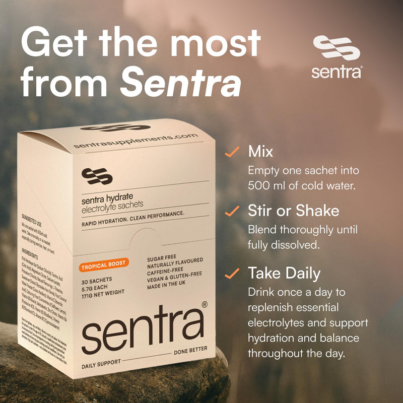Sentra® Electrolytes Sachets Powder | 30 x Tropical Zero Sugar | For Rehydration & Recovery | Packed With Taurine, L Theanine Vitamin C B1, B3, B5, B12 Supplement Drink | Electrolyte Hydration Tablets