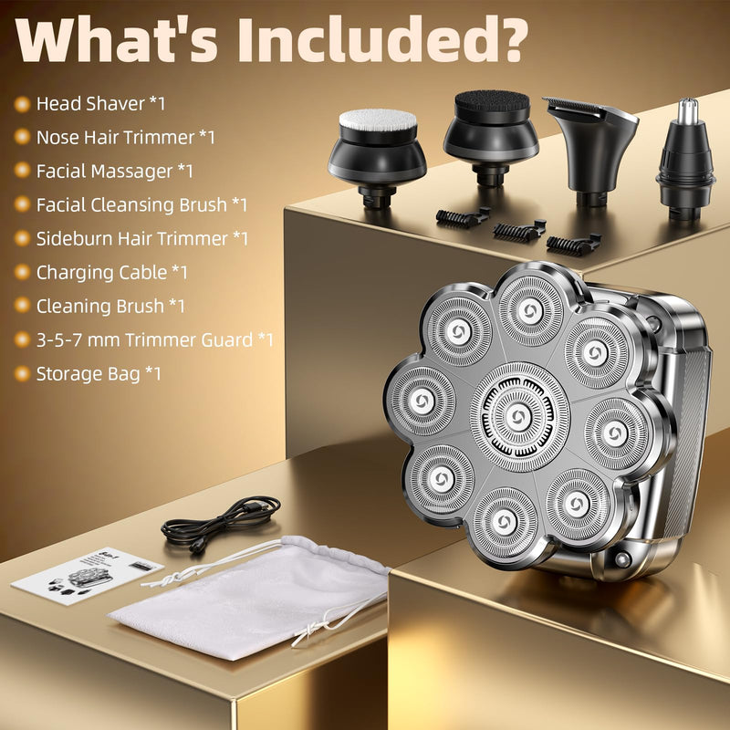 [Australia] - 9D Head Shavers for Bald Men, 5 in 1 Detachable Head Shaver with LED Display, IPX7 Waterproof Wet Dry Rechargeable Electric Shavers for Men Grooming Kit for Home & Travel Gunmetal 