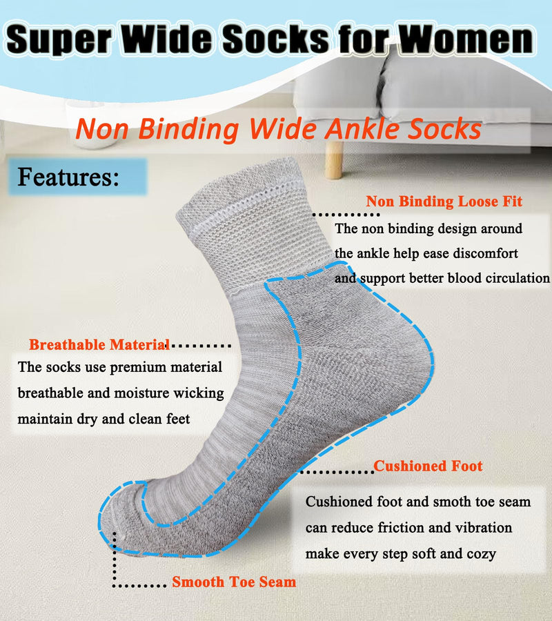 [Australia] - Women 's Diabetic Ankle Socks for Swollen Feet, Edema, Neuropathy, Bariatric Non Binding Super Wide 6 Pairs Medium Black/White/Grey-6 Pairs 