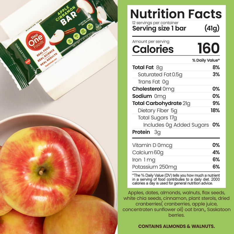 [Australia] - Step One Foods Apple Cinnamon Bars, Heart Healthy Snack Plant Sterols, Omega 3's and Dietary Fiber Gluten Free Vegan Granola Bar (12 Pack) 12 Count (Pack of 1) 