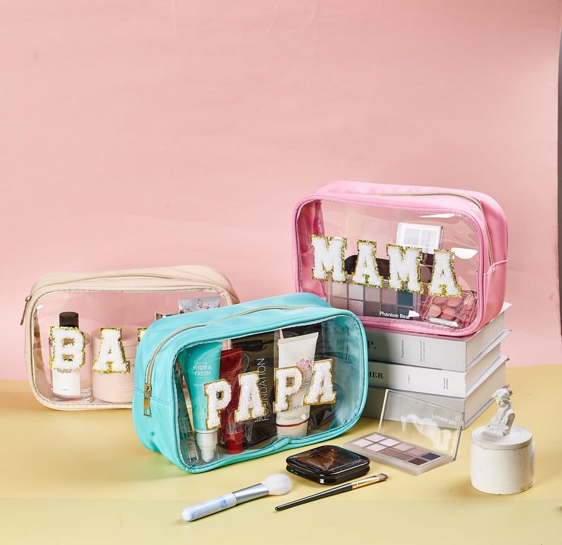 3pc Mama Baby Papa Clear Pouch Set with Chenille letters – Travel Makeup Toiletry Organizer Bags for Family Packing – Cute Personalized for Vacation, Hospital & Diaper Bag Essentials Papa Mama Baby