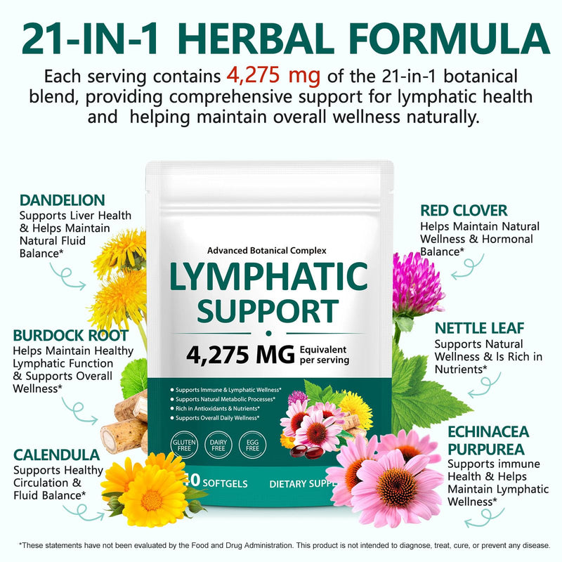 Lymphatic Drainage Supplements, Herbal Blend for Immune and Fluid Health for Men Women,with Dandelion, Burdock Root, Echinacea, Turmeric,240 Softgels for Lymph System Balance (Pack of 1) 240 Count (Pack of 1)