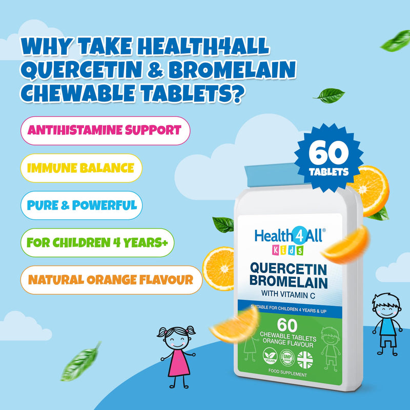 Health4All Kids Quercetin with Bromelain and Vitamin C, 60 Chewable Tablets, Vegan Natural Antihistamine Supplement, Inflammation Support, Sugar-Free Orange Flavour | Made in UK 60 count (Pack of 1)