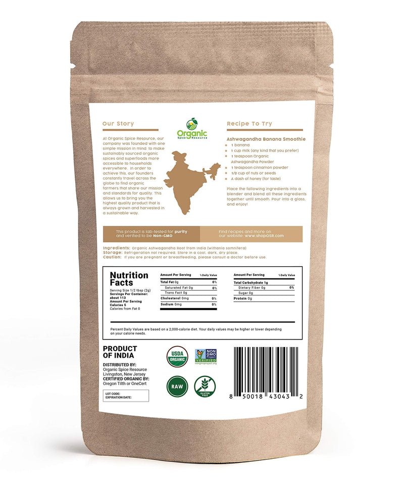 [Australia] - Organic Ashwagandha Root Powder -8 Ounce | Lab Tested for Purity | Resealable Kraft Bag,Non-GMO, Indian Ginseng, Withania Somnifera -100% Raw from India, by SHOPOSR (8 oz) 8 Ounce (Pack of 1) 