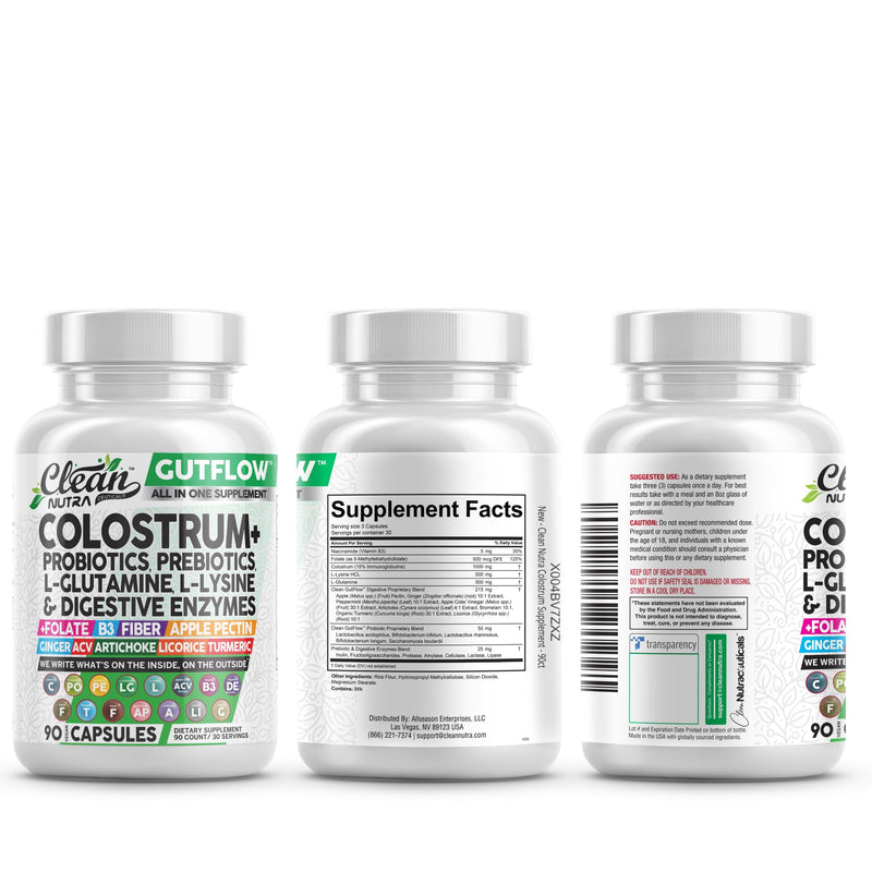 [Australia] - Clean Nutraceuticals Colostrum Supplement Capsules Probiotics Pills Prebiotics, L-Glutamine, Digestive Enzymes, Folate, Fiber, ACV, Turmeric, Apple Pectin and Turmeric Pills 