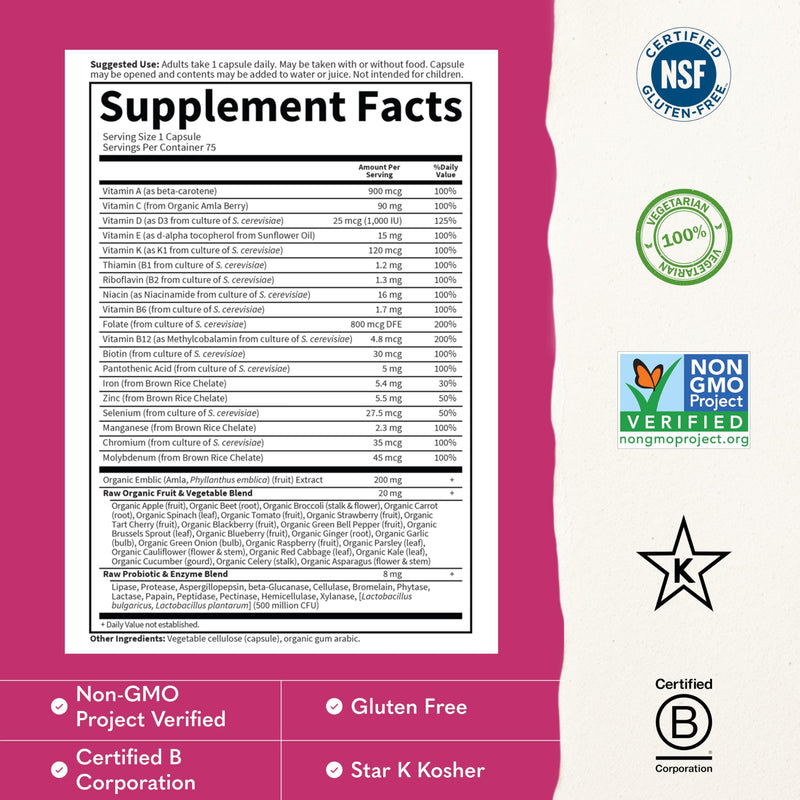 Garden of Life Vitamin Code Raw One for Women, Once Daily Women's Multivitamin - 75 Capsules, One a Day Vitamins Whole Food Iron, Probiotics for Digestive Health, Gluten Free Vegetarian 75 Count (Pack of 1)