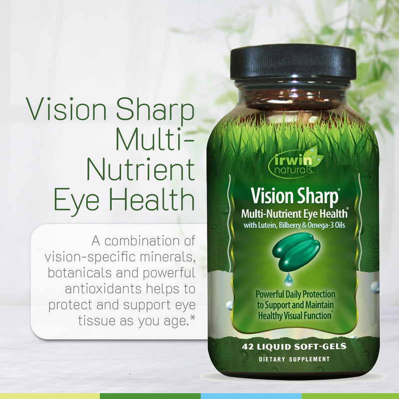 Irwin Naturals Vision Sharp Eye Health & Vision Support Formula | Daily Vision Support | Lutein + Bilberry + Ginkgo | Macular Nutrition | 42 Liquid Soft-Gels 42 Count (Pack of 1)