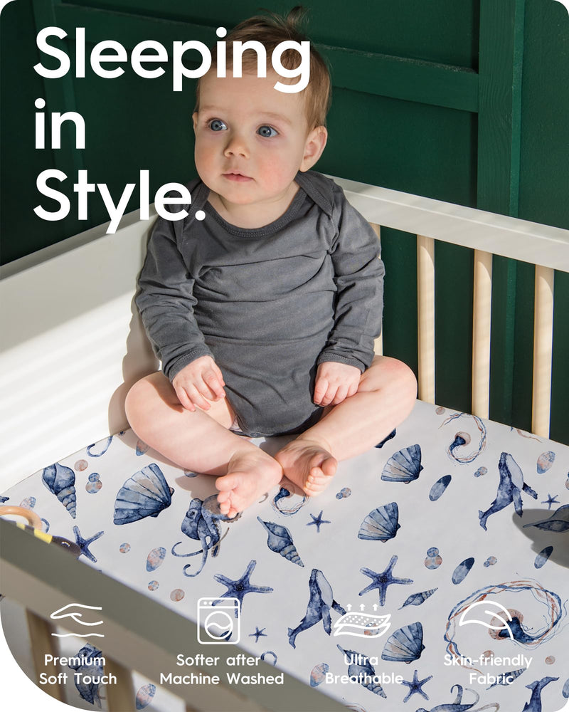 [Australia] - Graco Pack and Play Sheets Fitted, TotBasic Ultra Soft Mini Crib Sheets Boy, Neutral Pack N Play Mattress Sheets Hypoallergenic and Soothing, Premium Jersey Playrad Sheets, Safari Sea Animals, 2 Pack Ocean Pals + Wildlife Pack N Pack / Mini Crib Sheets 