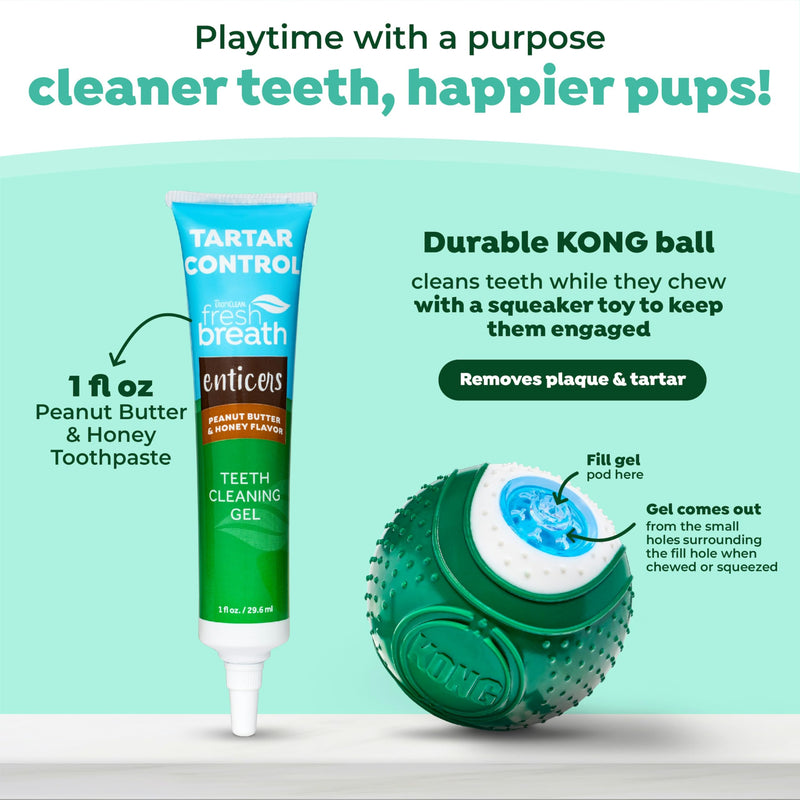 [Australia] - TropiClean Fresh Breath - Kong Dental Ball for Medium Dogs - Dog Teeth Cleaning Kit - Removes Plaque - Peanut Butter & Honey Dog Toothpaste, 1oz 