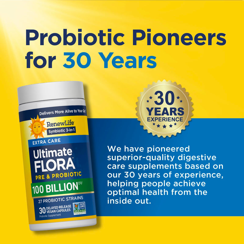 Renew Life Ultimate Flora Probiotic with Prebiotics 100 Billion CFU | 30 Delayed Release Vegan Capsules | Supports Digestive Health | Dairy, Soy and Gluten-Free Supplement 30 Count (Pack of 1)
