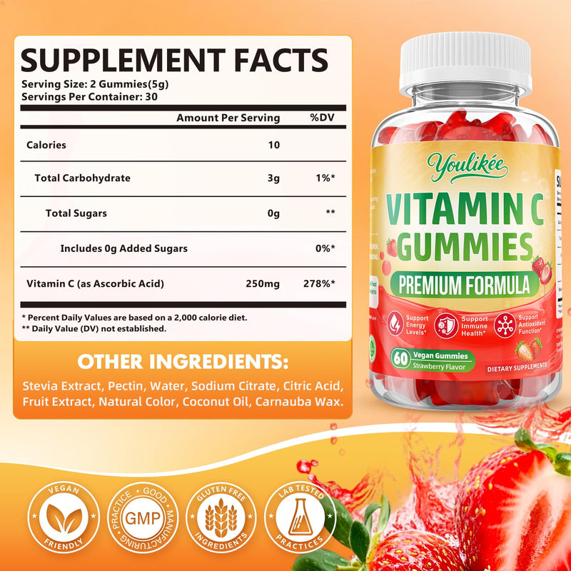 Vitamin C Gummies for Adults, Immune Support Supplement for Energy, 60 Ct | Antioxidant Protection, Non-GMO, Vegan, Sugar-Free, Strawberry Flavor 60 Count (Pack of 1)