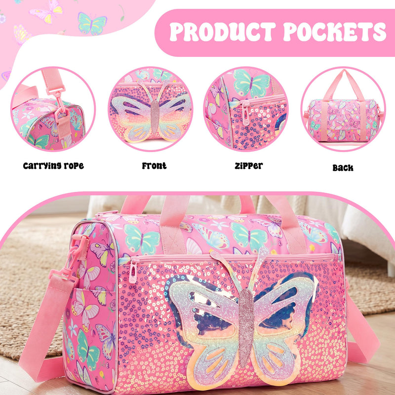 Butterfly Kids Duffle Bag Girls Ballet Dance Bag Overnight Travel Bags for Girls Sports Gymnastics Bags for Kids with Shoe Compartment Pink Butterfly