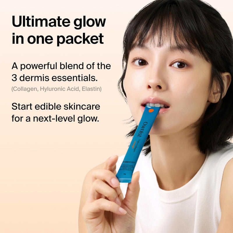 Ownist Triple Collagen Liquid Packets On-The-Go - Peptides with Hydrolyzed Marine Collagen, Elastin, Hyaluronic Acid and Vitamin for Healthy Skin - Orange Flavor - 14 Individual Stick Packs