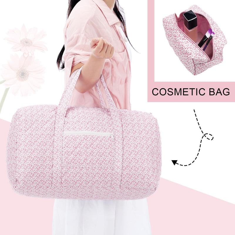 2 Pack Floral Travel Duffel Bag Large Quilted Travel Duffle Bag and Floral Makeup Pouch Portable Gym Lightweight Weekender Organizer with Zipper Pockets Grocery Pouch for Women(Pink) Pink