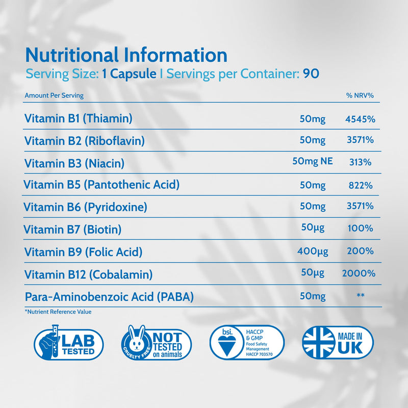 Health4All Vitamin B Complex B-50 90 Capsules, 3 Months Supply, High Potency Vegan B-Complex with PABA | Support Cognitive Functions, Energy, Tiredness & Fatigue | Made in UK (not Tablets) 90 count (Pack of 1)