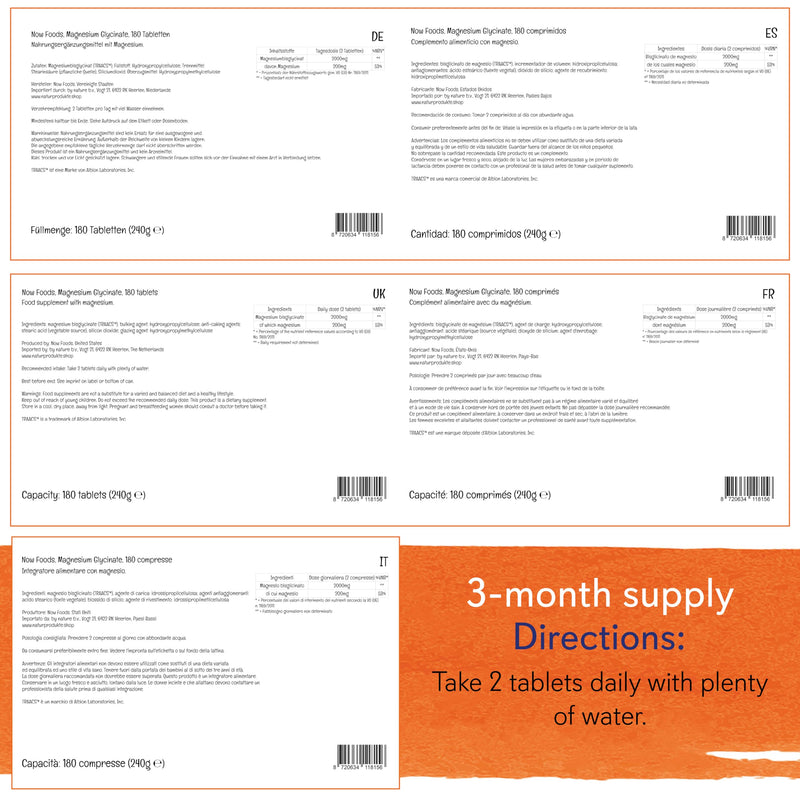 Now Foods, Magnesium Glycinate, 200mg Magnesium, 180 Vegan Tablets, Lab-Tested, Vegetarian, Gluten Free, Soy Free, Non-GMO 180 count (Pack of 1)