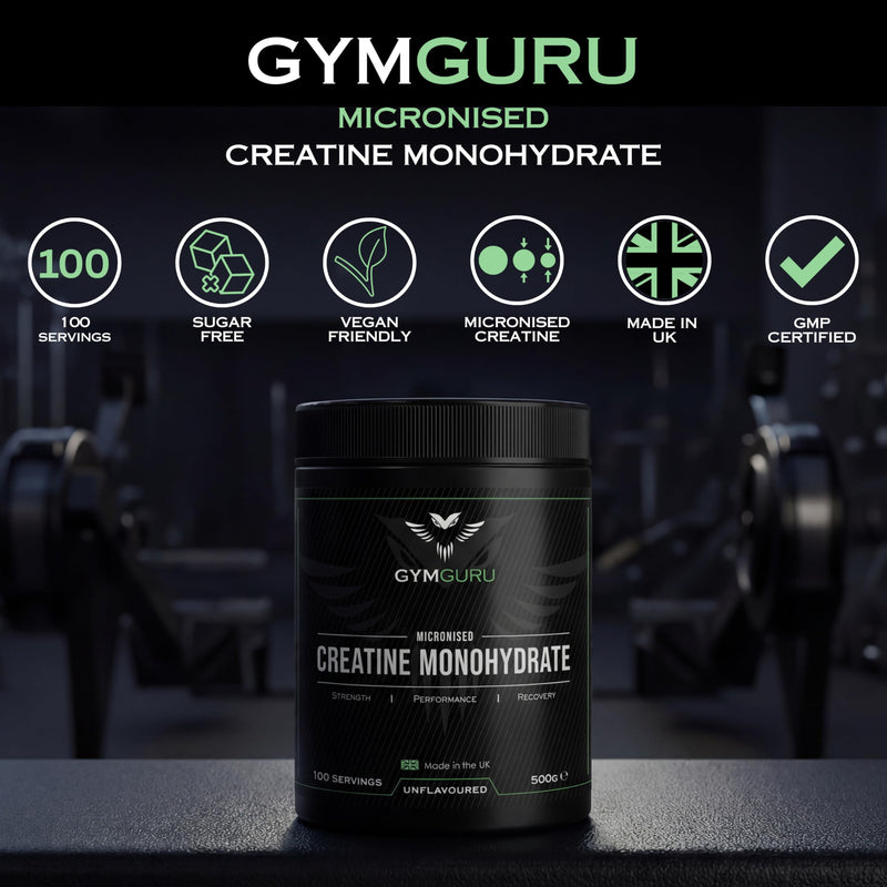 Gym Guru® Micronized Creatine Monohydrate Powder 500g - UK Made | Unflavoured Pure Creatine Monohydrate Powder, Easy Dissolve, Vegan Creatine 5g for Gym, Men & Women, 100 or 50 Servings