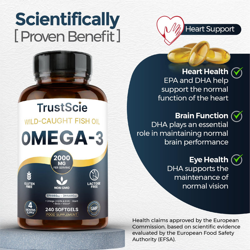 Omega 3 Fish Oil 2000mg – High Strength with 660mg EPA & 440mg DHA – 240 Softgel Capsules (4 Month Supply) – Omega 3 Fatty Acids Supplement – Gluten-Free & Lactose-Free