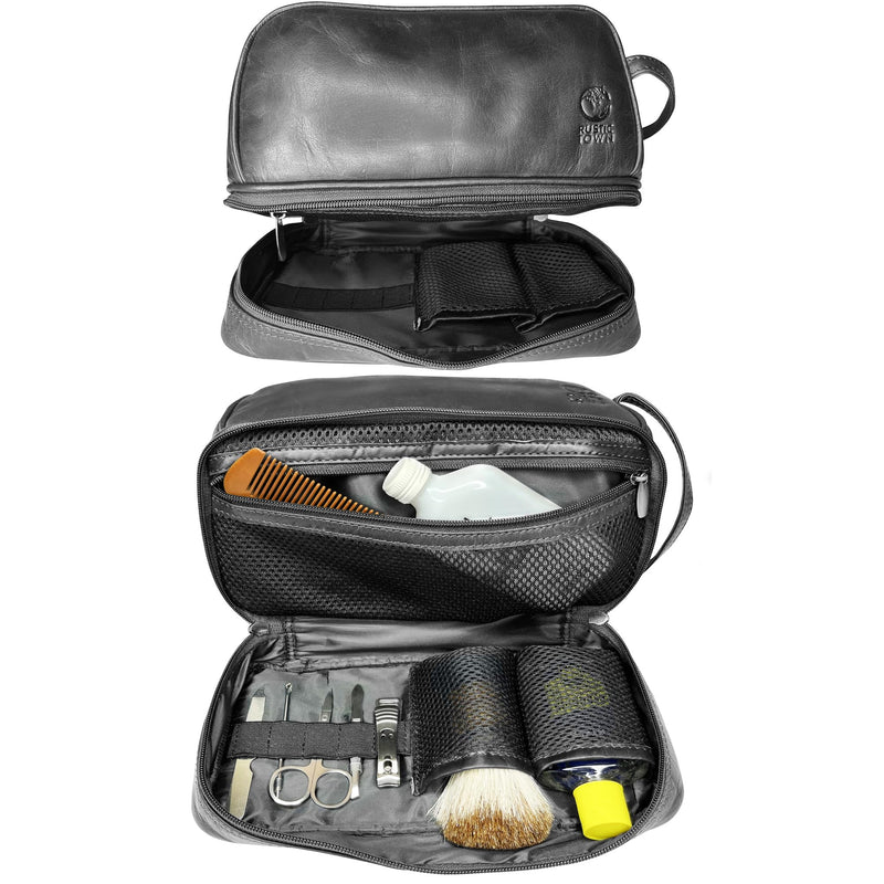 Leather Toiletry Bag for Men - Full Grain Travel Dopp Kit & Shaving Bag | Handcrafted, Dual Compartment, YKK Zipper, TSA Carry-On, Waterproof Lining, Metal Feets, Makeup & Cosmetic Organizer Black