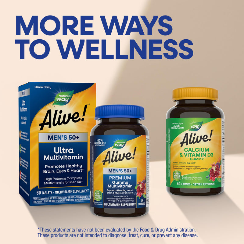 Nature's Way Alive! Men’s 50 Plus Premium Gummy Multivitamin, 75 ct | Fruit Flavored Gummy Supports Healthy Heart, Brain & Muscle Function, High Potency B-Vitamins, Vitamin A, C, D3, & Selenium* 75 Count (Pack of 1)