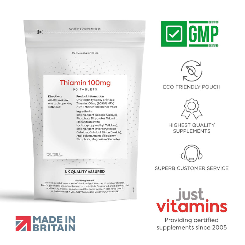 Thiamin (Vitamin B1) 100mg | 90 Tablets | Energy, Nervous System & Heart Support | High Strength B-Complex Vitamin | Vegan Friendly | UK Made - Just Vitamins