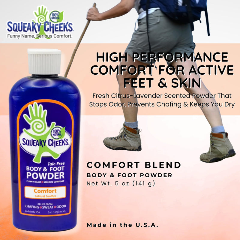 Squeaky Cheeks Comfort Blend Body and Foot Powder(5 oz) | Organic Talc-Free and All Natural Powder | Comfort Formula | Fresh Scent With Essential Oils | Effective Relief From Chafing, Sweat and Odor