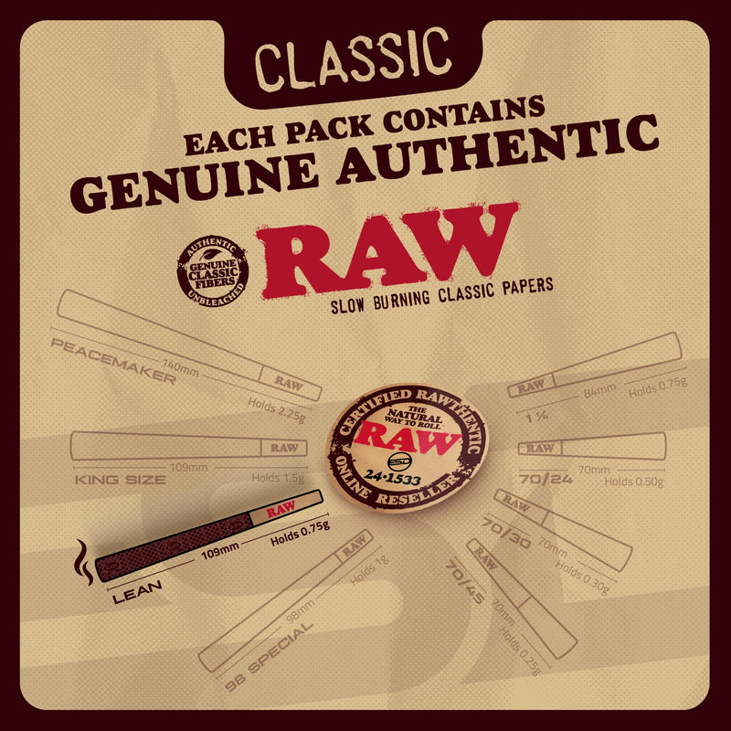 [Australia] - RAW Cones Classic Lean Size | 100 Pack | Natural Pre Rolled Rolling Paper with Tips & Packing Tubes Included 