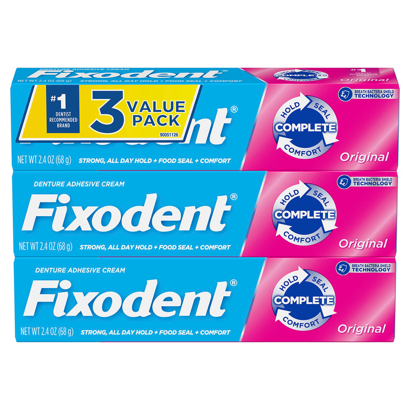 Fixodent Complete Original Denture Adhesive Cream, 2.4 oz, 3 Pack (Packaging May Vary)