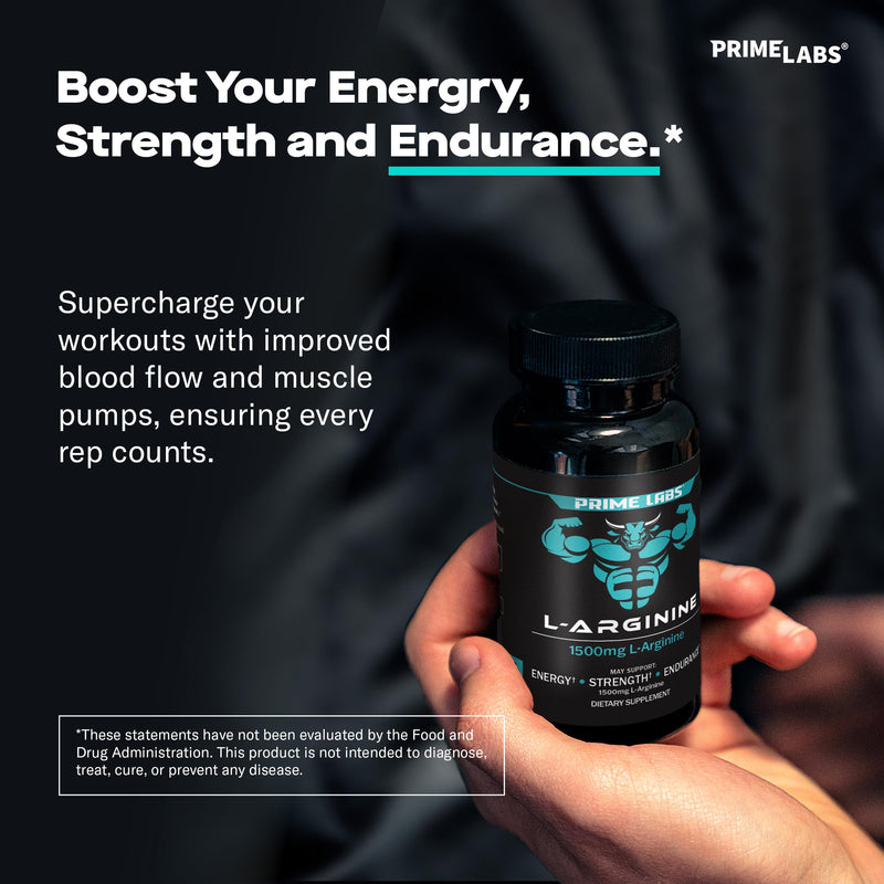 [Australia] - Prime Labs L Arginine Nitric Oxide - with L-Arginine 1500mg - Supports Blood Flow, Energy, Strength, Endurance - 60 Capsules 60 Count (Pack of 1) 