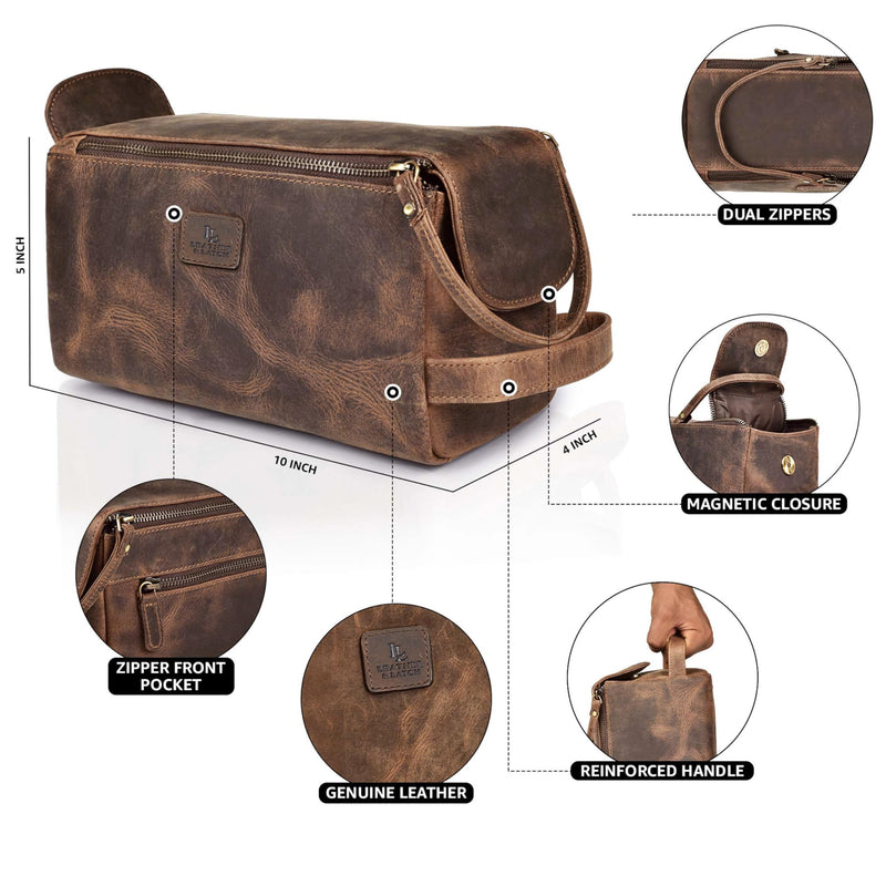 Full Grain Leather Toiletry Bag for Men & Women – Water-Resistant Travel Shaving Kit Organizer with YKK Zipper, Spacious Bathroom Grooming & Cosmetic Storage Case - Walnut Brown Distressed Brown