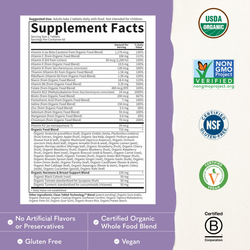 Garden of Life Multivitamin for Women 40 Plus, Organics Womens Vitamins, Hormone & Breast Health Support Blend, Vegan, 120 Tablets | Organic Womens Vitamins, Hormone & Breast Health Support Blend 120 Count (Pack of 1)
