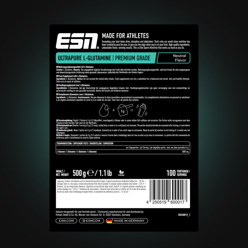 ESN Ultrapure L-Glutamine Premium Grade, Neutral Flavor, 500 g, 1.1 lbs, 100 Servings - Vegan - Pure L-Glutamine, Micronized, Made in Germany Laboratory Tested 500 Servings (Pack of 1)