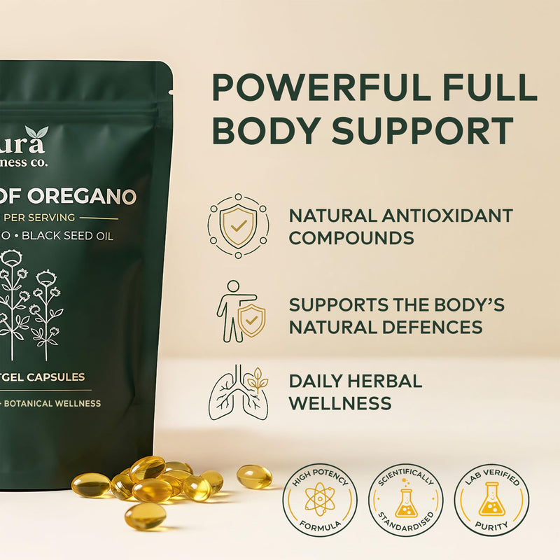 Wild Oregano Oil 6000mg with Black Seed Oil Capsules Herbies - 300 Vegan Softgels (150 Day Supply) - Potent Immune Support & Gut Health Supplement