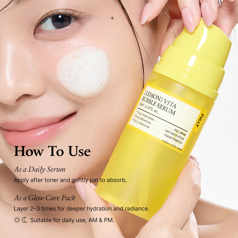 FULLY Lemon Vita Bubble Facial Serum, 69% Organic Jeju Lemon Water & Vitamin C, Instant Glow & Hydration, Niacinamide + Glutathione for Radiance & Tone Refining, Vegan Korean Skincare, 3.21 fl.oz