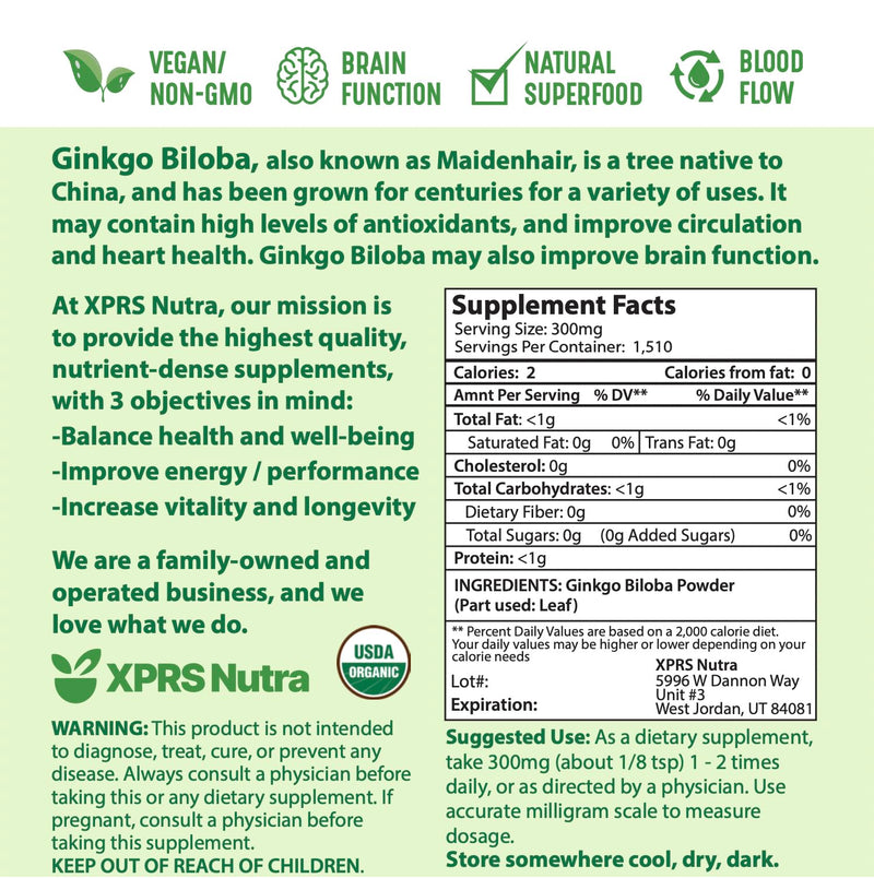 [Australia] - XPRS Nutra Organic Ginkgo Biloba Powder - Gingko Biloba Supplements for Cognition - Vegan Friendly Ginkoba Biloba Organic - Immunity Boosting Ginkgo Biloba Powder (16 oz) 1 Pound (Pack of 1) 