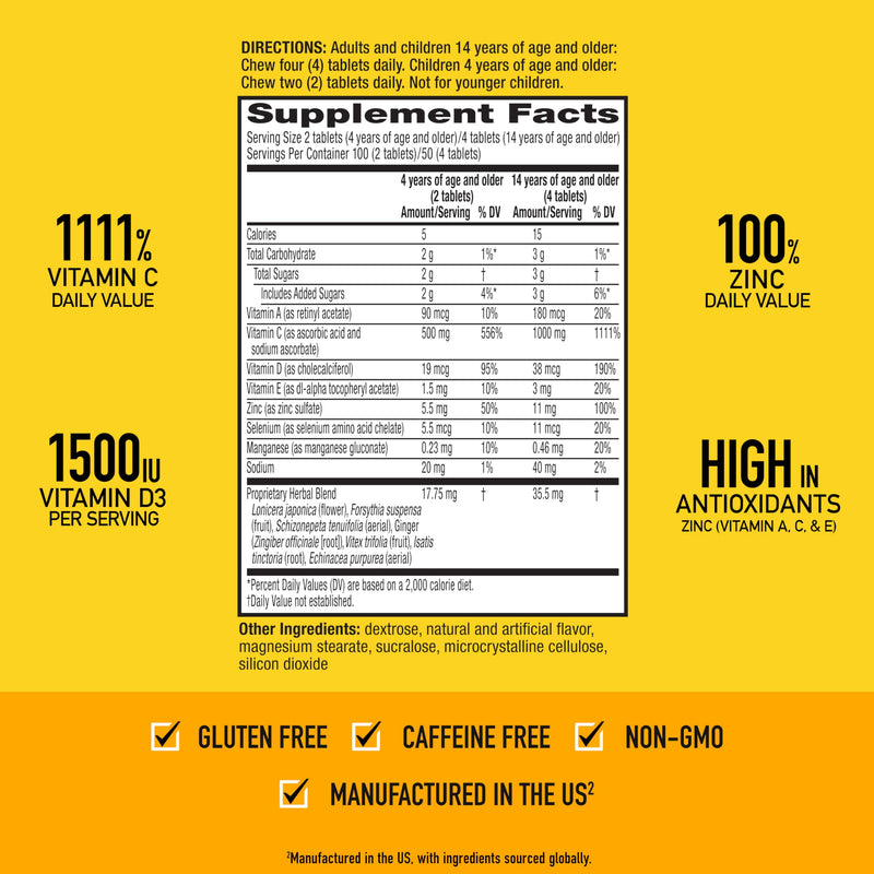 Airborne Vitamin C 1000mg (per Serving) - Citrus Chewable Tablets (96 Count in a Box) - Packaging May Vary | Antioxidants Vitamins A, D & E + Zinc, Selenium, and Manganese, Herbal Blend, Multivitamin Supplements, Immune Health, Tasty 96 Count (Pack of 1)
